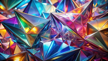 abstract background with floating crystal-like structures in various colors, featuring sharp angles and reflective surfaces