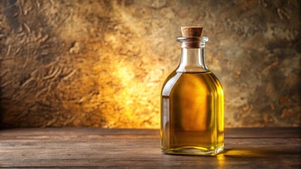 Glass bottle filled with golden oil on textured background, showcasing natural and culinary appeal , cooking, food