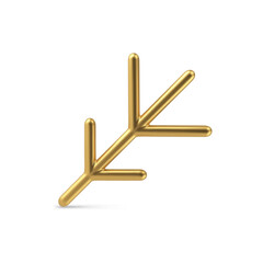 Bright golden luxury abstract minimalist Christmas tree wood branch for winter holiday decor 3d realistic vector illustration. Expensive shiny metallic design Xmas spruce stick diagonal arrangement