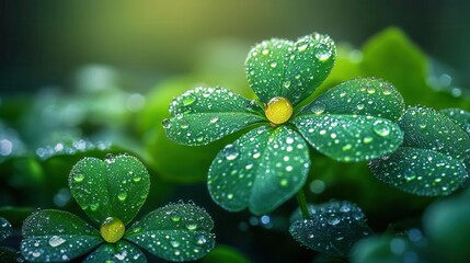 macro photograph of dewcovered shamrock soft focus emerald background delicate water droplets ethereal bokeh effect symbol of irish heritage