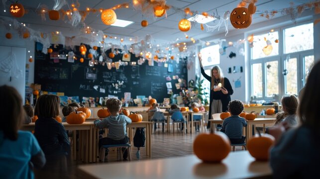 A whimsical Halloween-themed classroom with floating pumpkins students in enchanted costumes