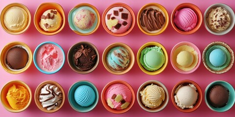 Brightly colored bowls filled with various delicious ice cream flavors arranged in an appealing pattern on a pink background.