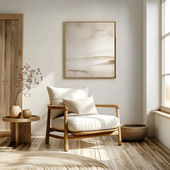Boho, scandinavian interior design of modern living room with accent rustic armchair and frme on wall.