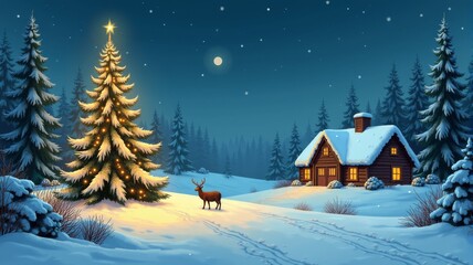 Magical Winter Wonderland Illustration with Christmas Tree, Snowy Cabin, and Deer in Snowy Forest Landscape
