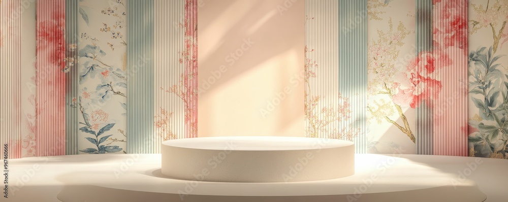 Poster elegant korean hanbok fabric pattern displayed in a modern setting with a circular platform in soft 