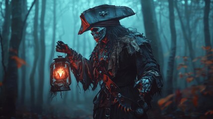 A mysterious pirate with a tattered Halloween costume