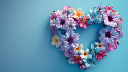 Fototapeta premium A heart-shaped arrangement of colorful flowers against a soft blue background, symbolizing love and beauty in a cheerful and vibrant display.
