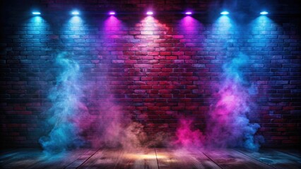 Abstract brick wall with neon lights, spotlights, and smoke in dark studio room for product display, brick wall