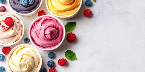 Colorful ice cream scoops in cups with fresh berries and mint, perfect for summer desserts or frozen treat promotions.