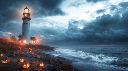 An eerie Halloween-themed lighthouse with jack-o-lanterns glowing in the windows
