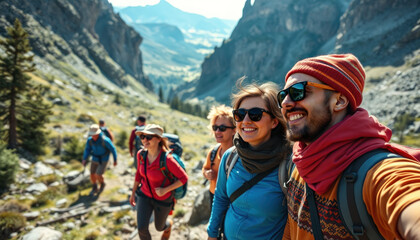 Group friends hiking in mountains. Travel and active lifestyle concept. Young walking, joy and friendship. Sunlight and majestic. Healthy exploration. Happiness and achievement in real journey.