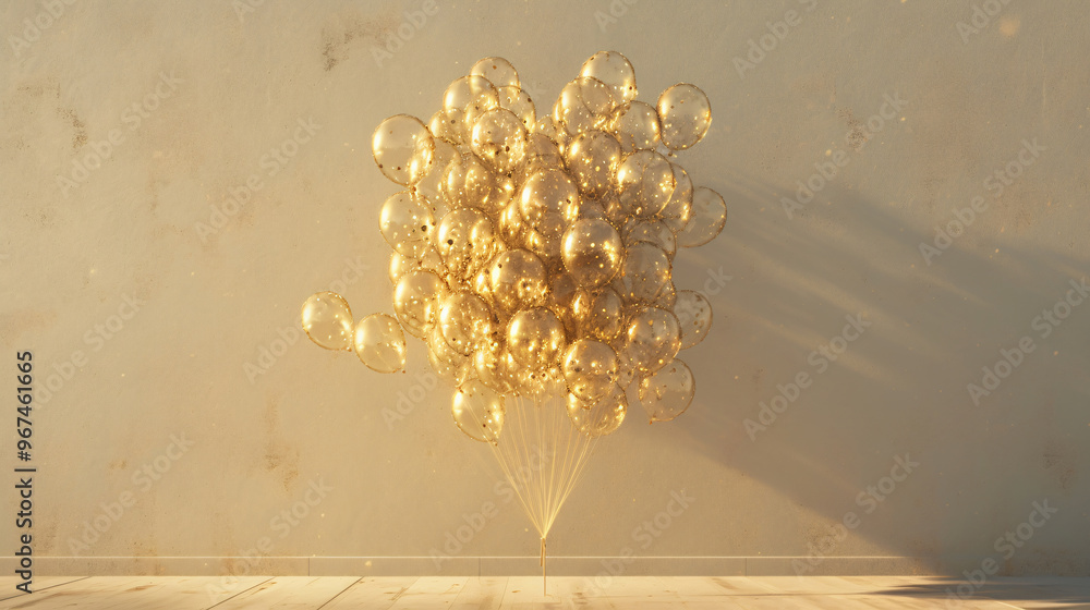 Poster a collection of transparent golden balloons clustered together, casting soft shadows against a simpl