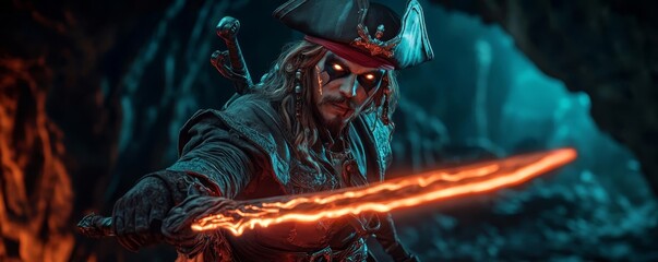 A pirate in a Halloween costume, holding a sword that glows with mysterious energy in a dark cave, Preparing for battle, front view, intensity, Robotic tone, Triadic Color Scheme