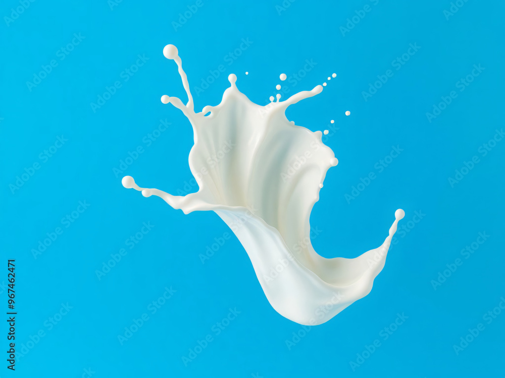 Poster a dynamic splash of white liquid against a vibrant blue background, creating a striking visual repre