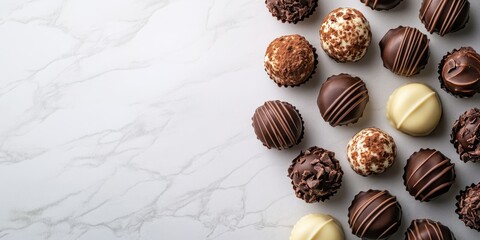 Delicious assortment of gourmet chocolates displayed on a marble surface, showcasing various textures and flavors for chocolate lovers.