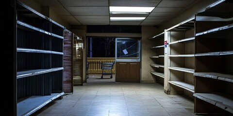 Fototapeta premium Retail store with empty shelves and closed sign on the door, symbolizing bankruptcy. Crisis,challenge,struggle,recession,depression,market.