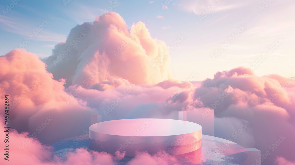 Poster a surreal scene of a circular platform floating among fluffy pink clouds, illuminated by a soft ligh