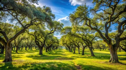 Holm oak forest in Extremadura, Spain in springtime, Dehesa, landscape, trees, greenery, nature, countryside, rural, Spain