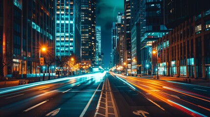 Fototapeta premium Vibrant Nightlife in a Bustling City - Traffic and Skyscrapers Illuminated by Neon Lights