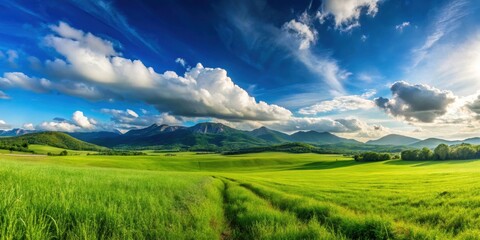 Obraz premium Panoramic view of natural landscape with green grass field, blue sky, clouds, and mountains in background, Panorama
