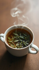 Steaming Cup of Herbal Tea with Green Leaves