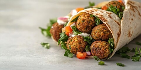 Delicious falafel wrap filled with fresh vegetables, herbs, and creamy sauce, perfect for a healthy meal or snack.