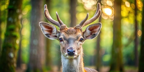 Fototapeta premium Close up of a deer in the forest, wildlife, nature, animal, mammal, close-up, deer, woodland, outdoors, majestic, antlers, brown