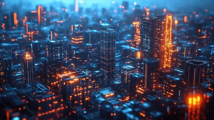 Fototapeta premium 3d render of Cyber punk night city landscape concept. Light glowing on dark scene. Night life. Technology network for 5g. Beyond generation and futuristic of Sci-Fi Capital city and building scene.