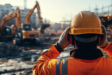 a construction worker suffering from loud ambient noise, noise pollution at construction site