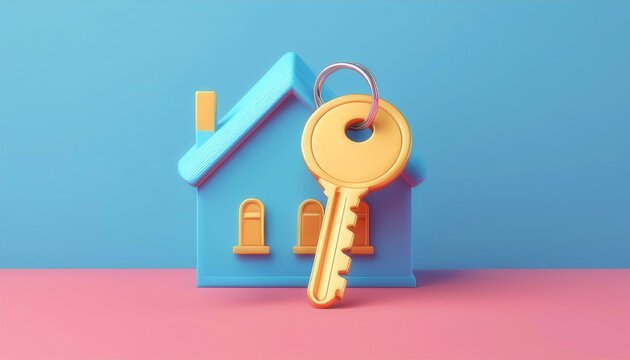 A colorful representation of a house model with a key, symbolizing home ownership and security in a modern style.