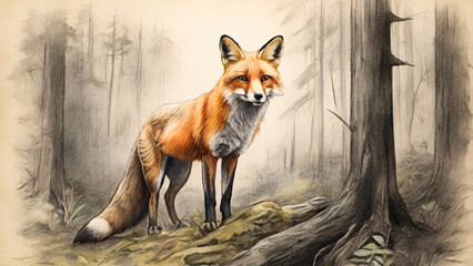 A fox with a distinct red coat stands in a dense forest, facing ahead with a curious and poised demeanor, amidst tall trees.