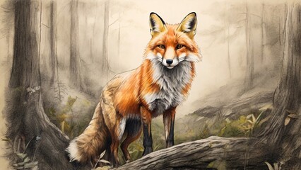 A majestic fox stand on a fallen log in a forest, looking poised and observant, with a lush, misty woodland background.
