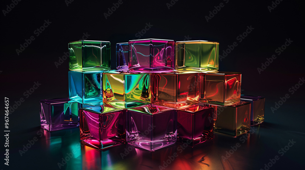 Poster a striking arrangement of colorful translucent blocks reflecting light in a dark setting, showcasing