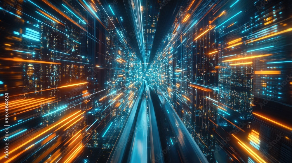 Poster 3d rendering of warp speed in hyper loop with blur light from buildings' lights in mega city at nigh