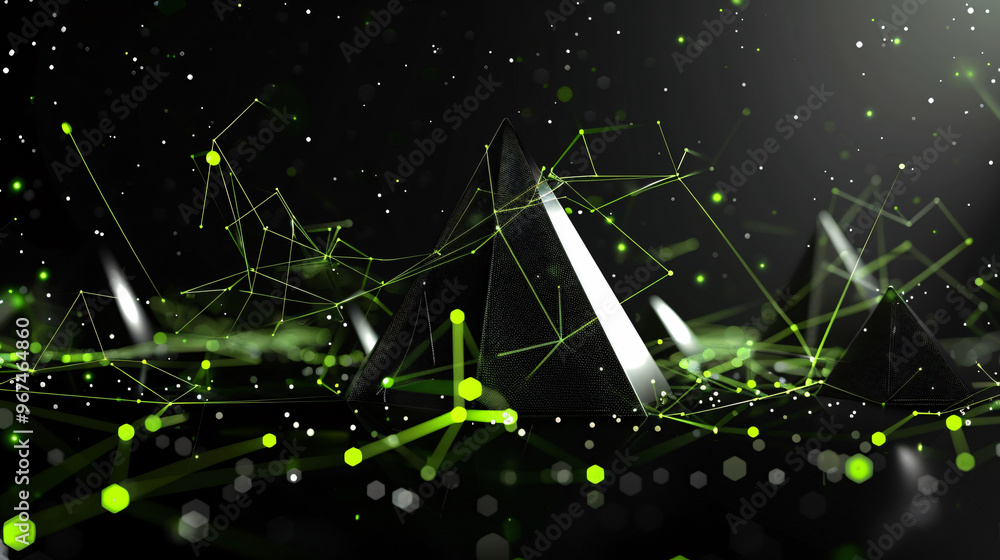 Poster An intricate digital art piece showcasing black pyramids highlighted by green lines and particles, creating a futuristic and mysterious atmosphere.