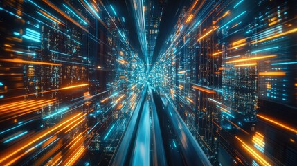 3D Rendering of warp speed in hyper loop with blur light from buildings' lights in mega city at night. Concept of next generation technology, fin tech, big data, 5g fast network, machine learning