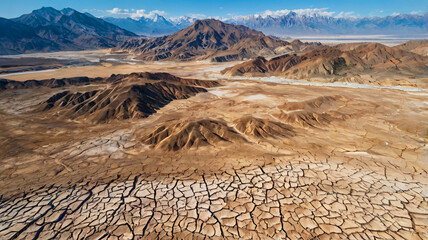 Arid terrain with cracked earth and scattered mountainous formations under a blue sky with distant mountain ranges visible.