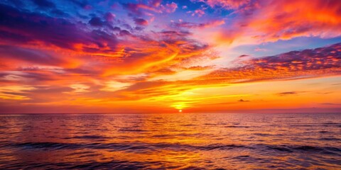 Obraz premium Sunset over the sea with vibrant orange and pink hues , ocean, water, horizon, dusk, evening, twilight, calm, peaceful, serene