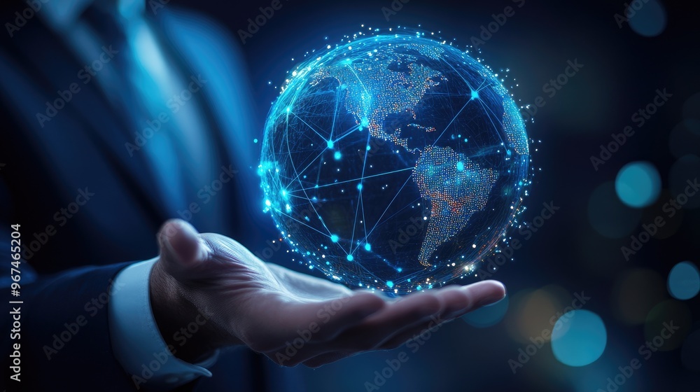 Poster a visionary businessman extends his hand to a holographic globe, symbolizing cutting-edge global con