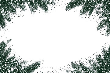 Obraz premium Watercolor Fir Tree Frame with Snow Falling on White Background, Christmas and New Year Card Design