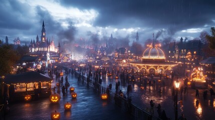 Fototapeta premium A haunted Halloween funfair in a big city eerie rides