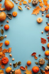 Fototapeta premium Colorful autumn frame with pumpkins, leaves, and berries on a blue background