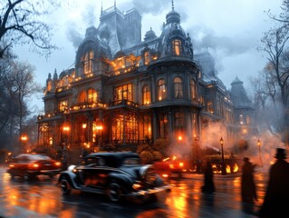 Fototapeta premium Victorian Halloween Haunted Mansion with Ghostly Figures and Eerie Gas Lamps - Spooky and Elegant Ultra-Realistic Scene