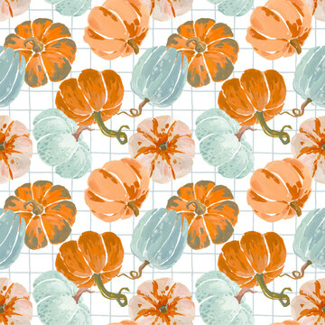 Beautiful vector autumn seamless pattern with hand drawn gouache pumpkin illustrations. Fall design print. Stock illustration.
