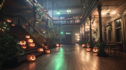 A haunted Halloween-themed museum jack-o-lanterns lining the stairways