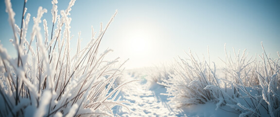 Frosty Grass Blades in Winter Sunlight