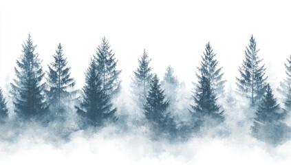 Serene Watercolor Painting of Foggy Forest Landscape with Tall Trees, Seamless Surface Pattern