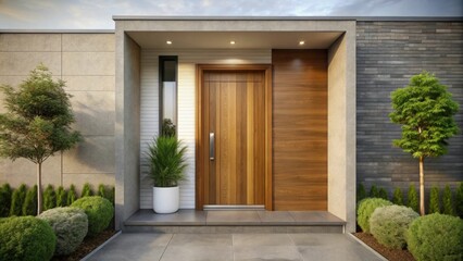 Modern entrance with a simple wooden front door for a luxury house, luxury, modern, entrance, wooden, front door
