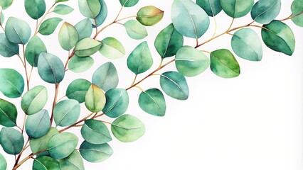 Fototapeta premium Watercolor painting of decorative green eucalyptus leaves in a fresh and vibrant style, watercolor, painting, decorative