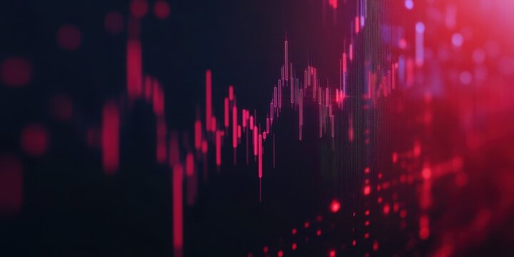 Dynamic financial graph with red colors, illustrating market trends and fluctuations in stock value over time.